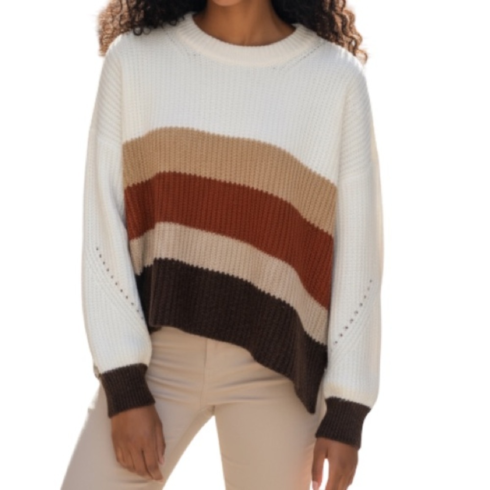 RACHEL ZOE Asymmetrical Knit Sweater Striped Earth Tones Long Sleeve Crewneck M